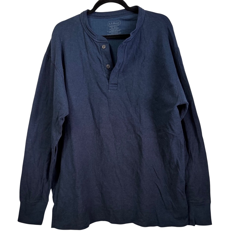 LL Bean Mens Navy Blue Cotton Wool Blend Henley Shirt Long Sleeve XL Canada Made